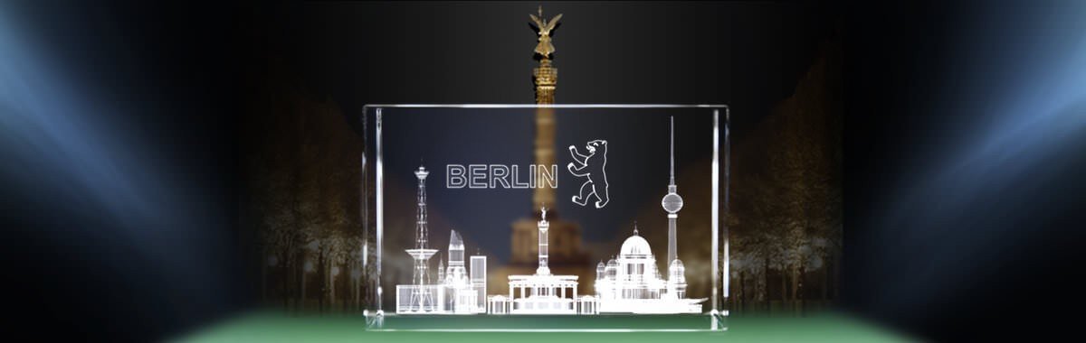 Funkturm - Gedächtniskirche - Brandenburger Tor - Siegessäule - Berliner Dom - Fernsehturm / Sehenswürdigkeiten Berlin | 3D Motiv Glasinnengravur